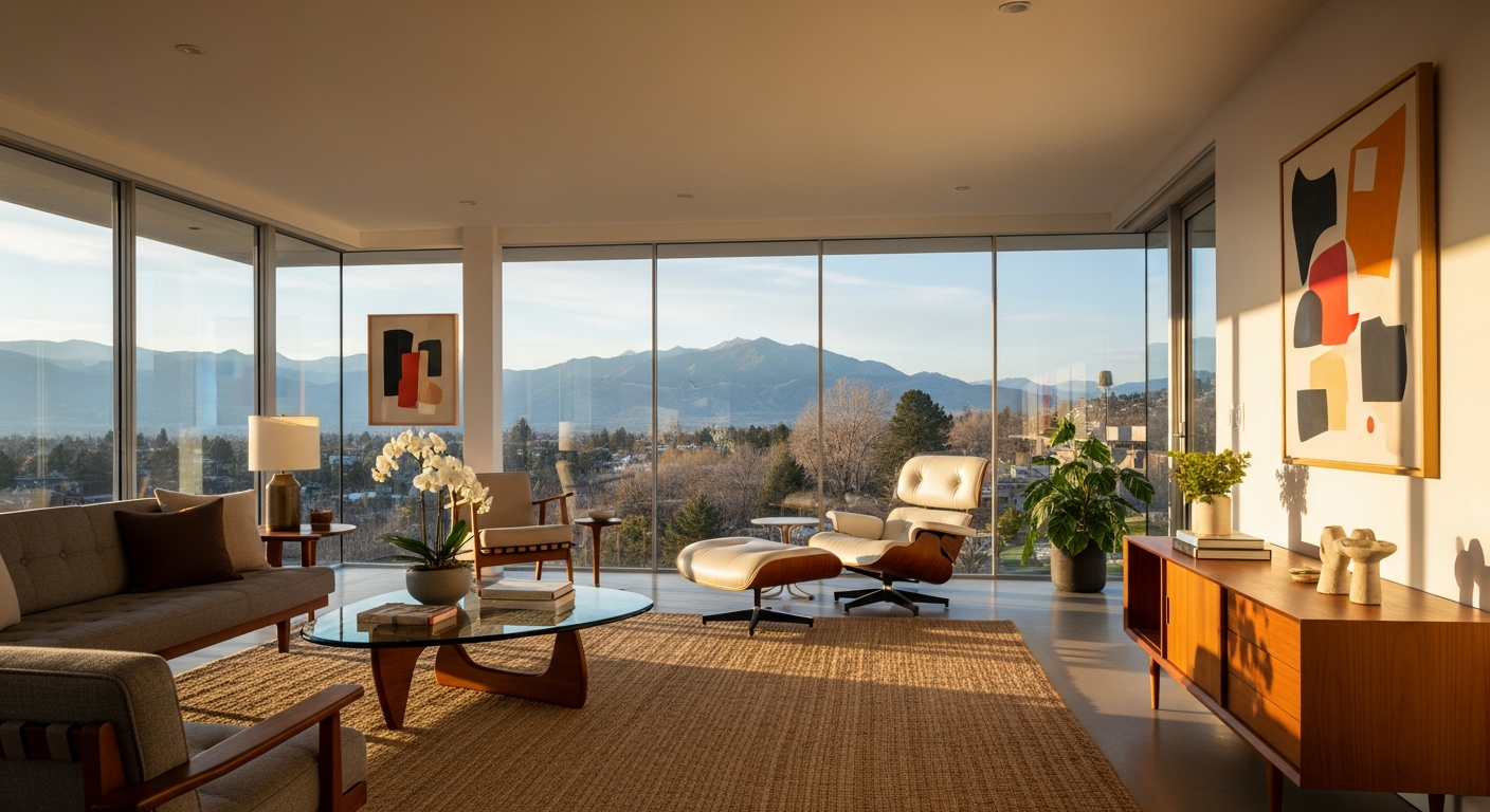 Mid-century modern Denver luxury home interior with clean lines, walls of glass, and warm afternoon light